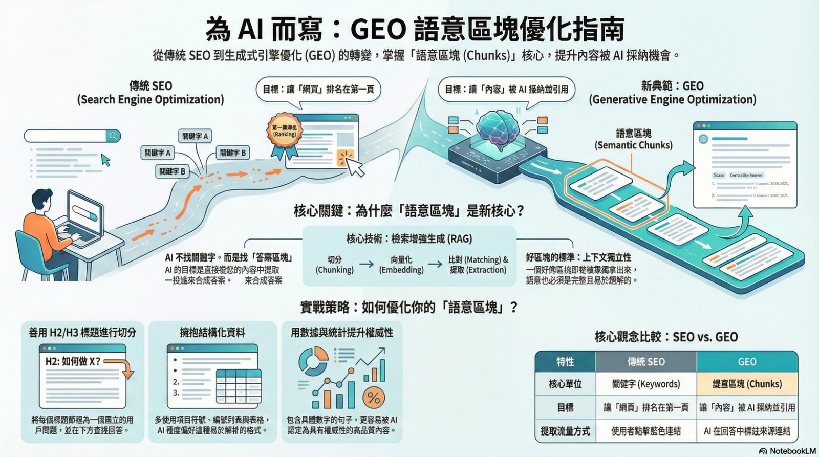 為 AI 而寫：GEO 語意區塊優化指南。左側為傳統 SEO 以關鍵字爭取網頁排名，右側為 GEO 以語意區塊爭取 AI 採納引用，中央說明 RAG 的切分、向量化、比對與提取流程，下方列出善用 H2/H3 標題、結構化資料、數據統計三項實戰策略，以及 SEO 與 GEO 的核心觀念比較表。